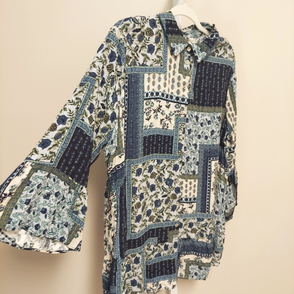 Cato‎ Plus Size 18/20W Floral Patchwork Bell Sleeve Button Down Top Boho Cottage